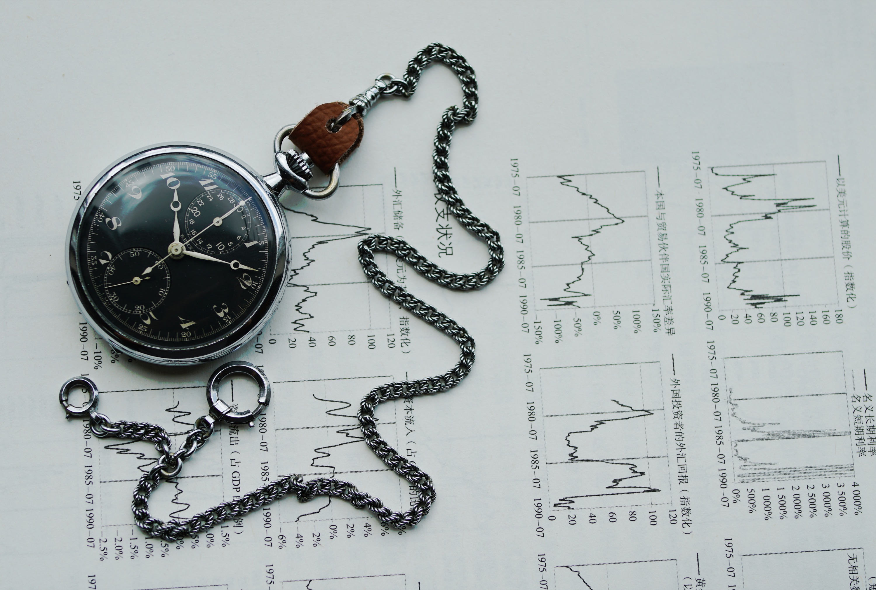 Berna pocket watch presented front-on, full chronograph dial in view
