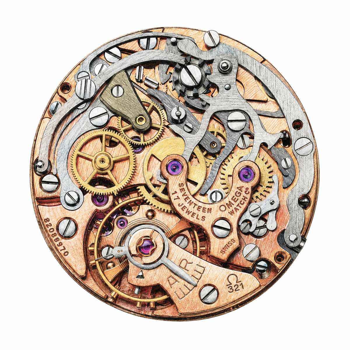 Hand-drawn study of the Omega 2310 chronograph movement