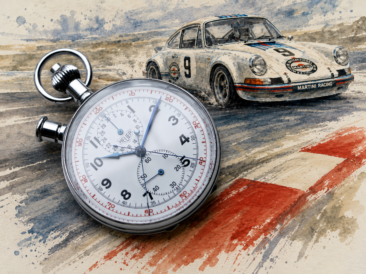Heuer split-seconds pocket chronograph shown with a vintage racing car