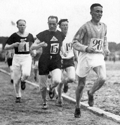 Paavo Nurmi checking a stopwatch during a 5,000-metre race in Porvoo in 1928