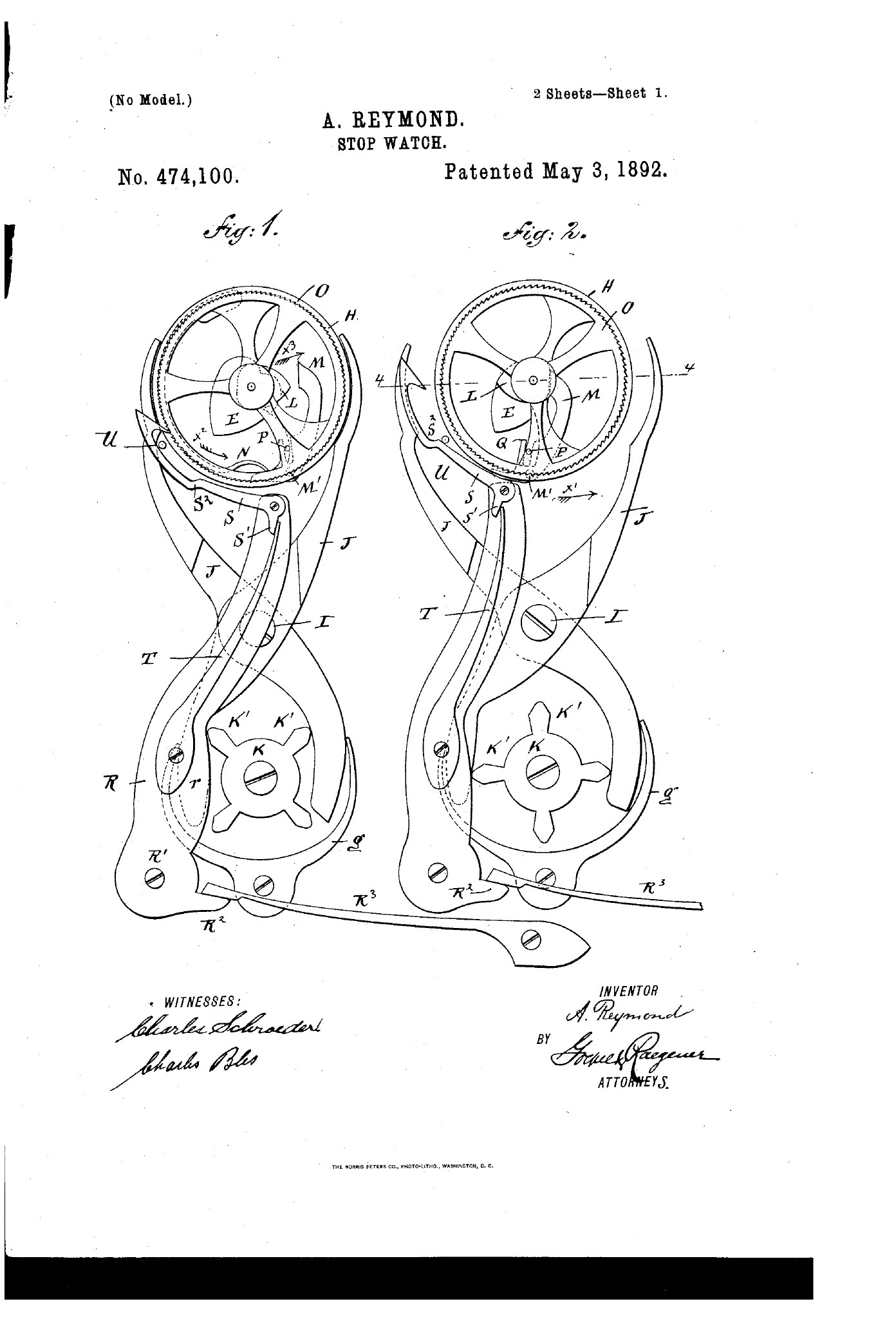 First drawing sheet from Adrien Reymond's 1892 split-seconds stopwatch patent