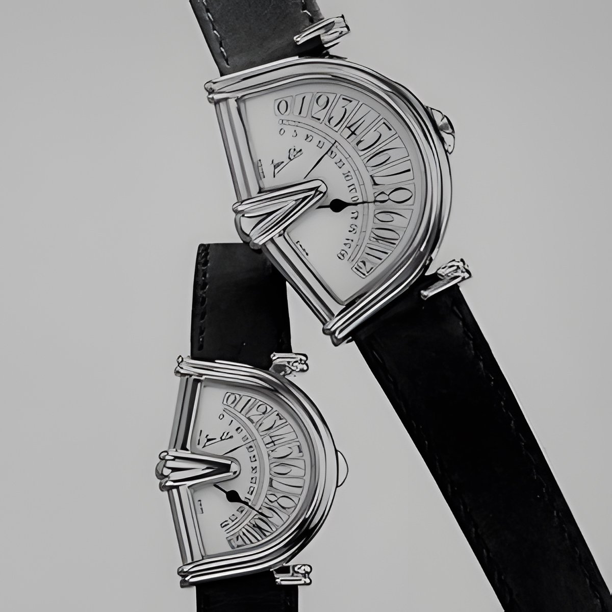 Two Jean d’Eve Sectora wristwatches shown in a 1987 period fair photograph