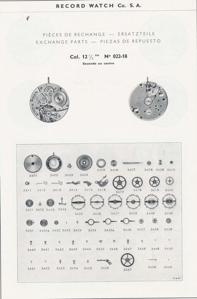 Record Watch Company calibre 022-18 central-seconds exchange-parts sheet