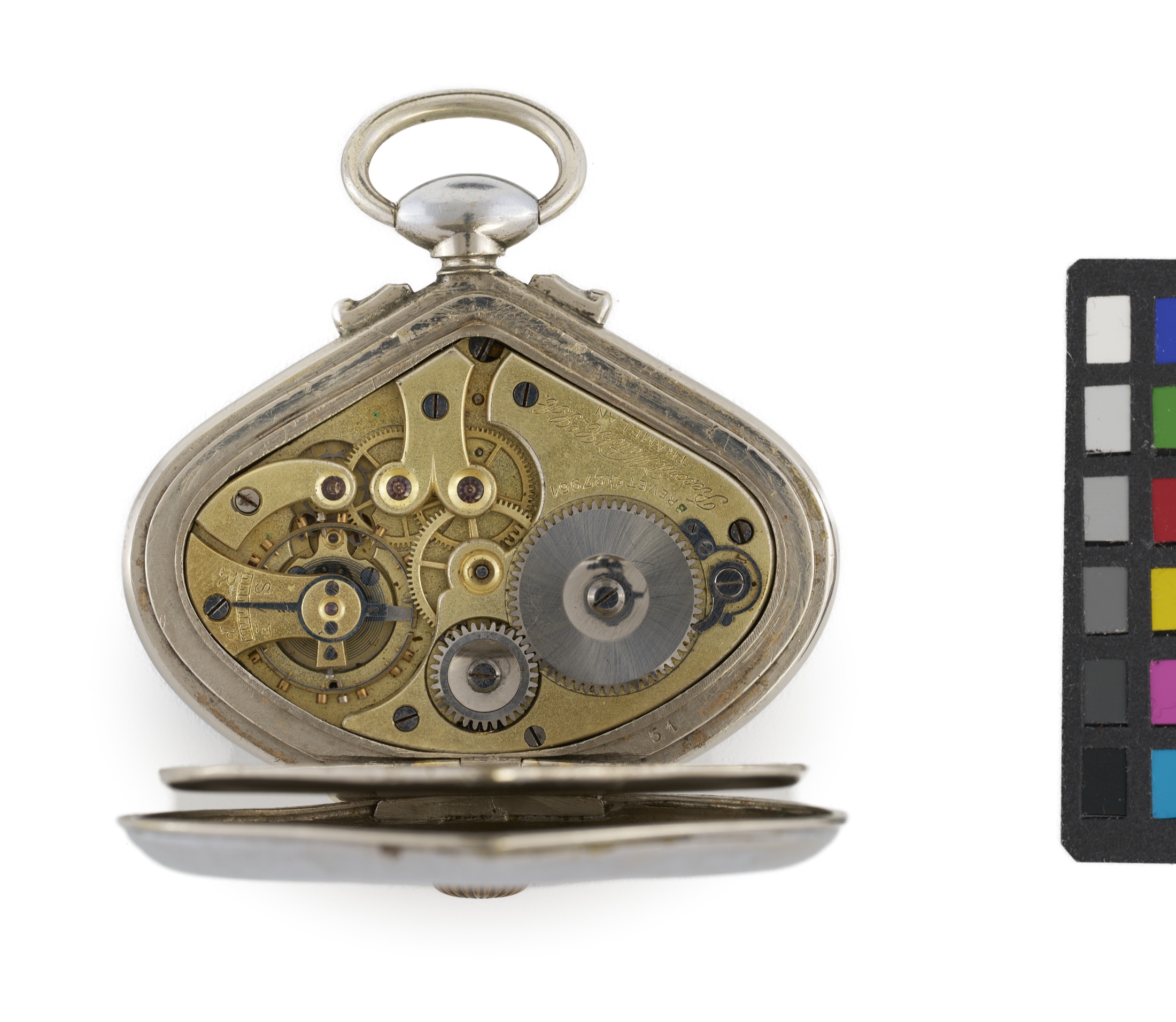 Fan-shaped movement inside a Record Sector pocket watch