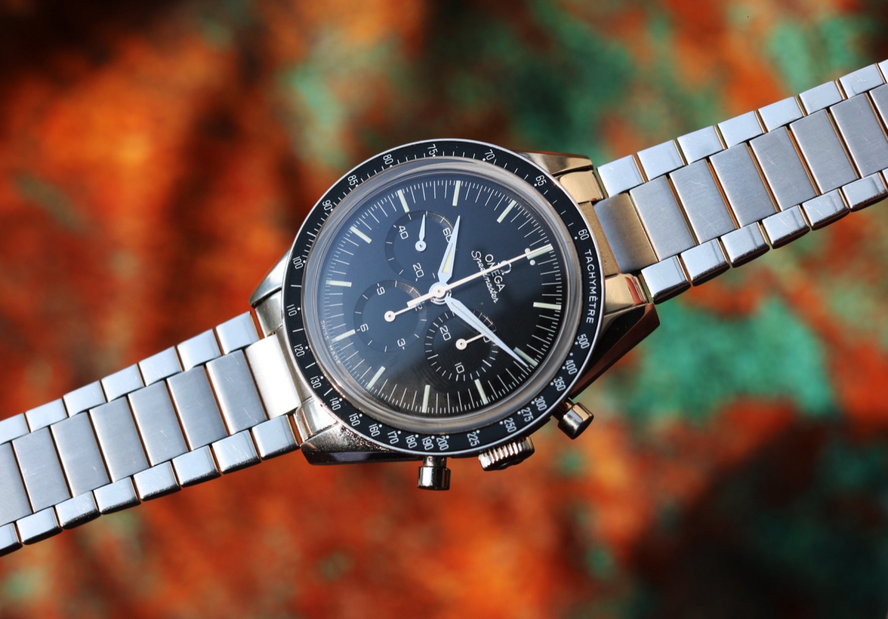 Omega Speedmaster FOIS chronograph photographed from the front
